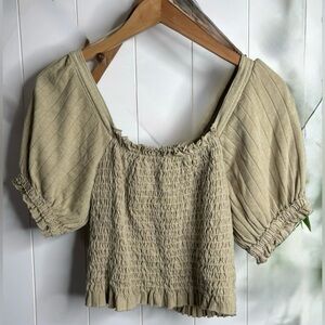 We the Free Puff Sleeve Smocked Top - light olivey green. VGUC Sz Med.